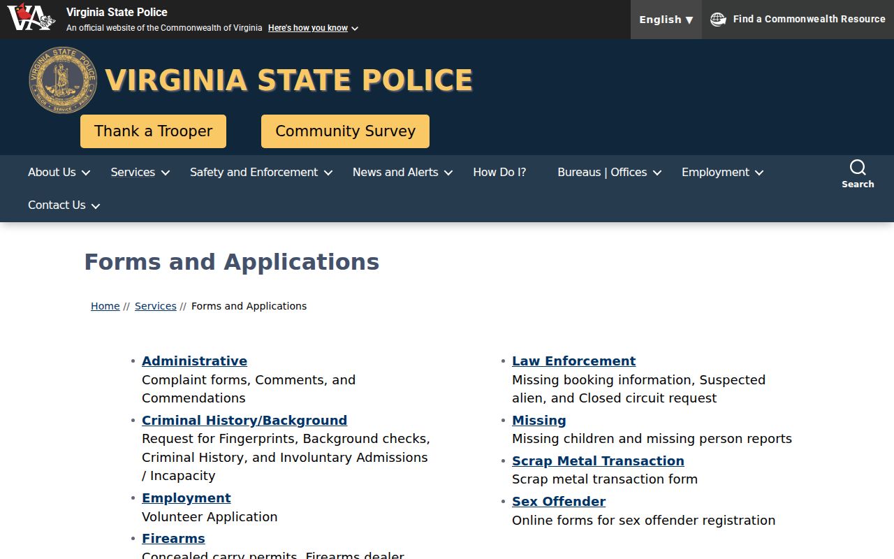 Rappahannock County arrest history forms from Virginia State Police
