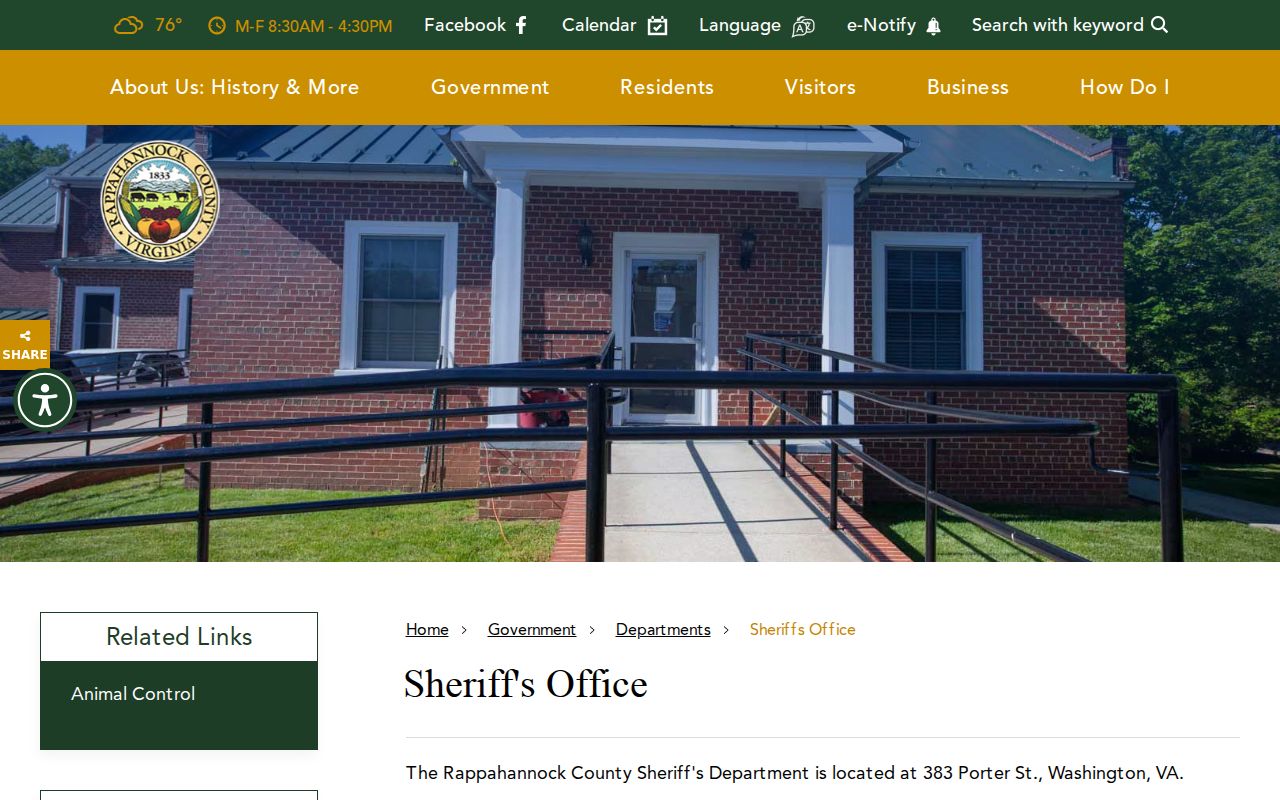 Rappahannock County criminal records contact at the Sheriff's Office